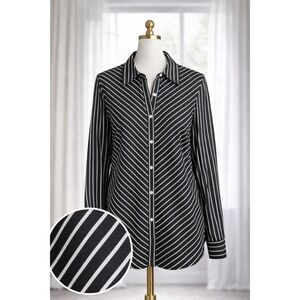 NEW CHAPS‎ Button Up Top Cotton Blouse Long Sleeve Black White Womens Size 1X